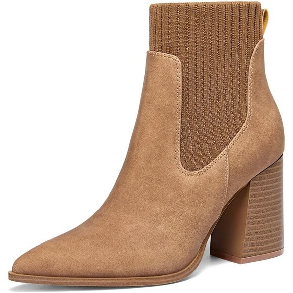 ⚡Women's Light Brown Ankle Boots Sock Pointed Toe Chunky Stacked High Heel - Picture 1 of 4